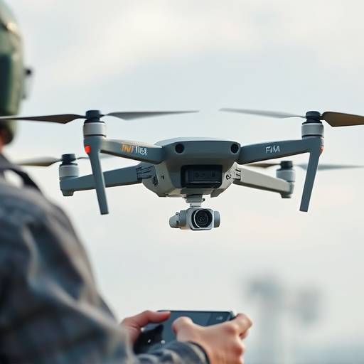 Een teamlid dat een drone bestuurt voor luchtopnamen