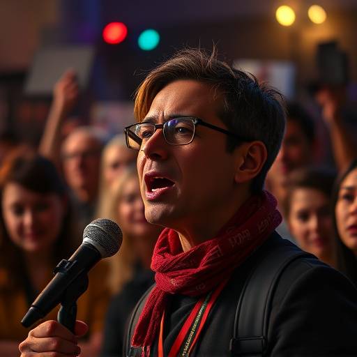 Portret van een activist die spreekt voor een menigte, deel van een documentaire over sociale verandering.